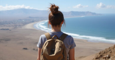 Backpacker observing breathtaking Antofagasta, Chile landscape where desert meets Pacific Ocean