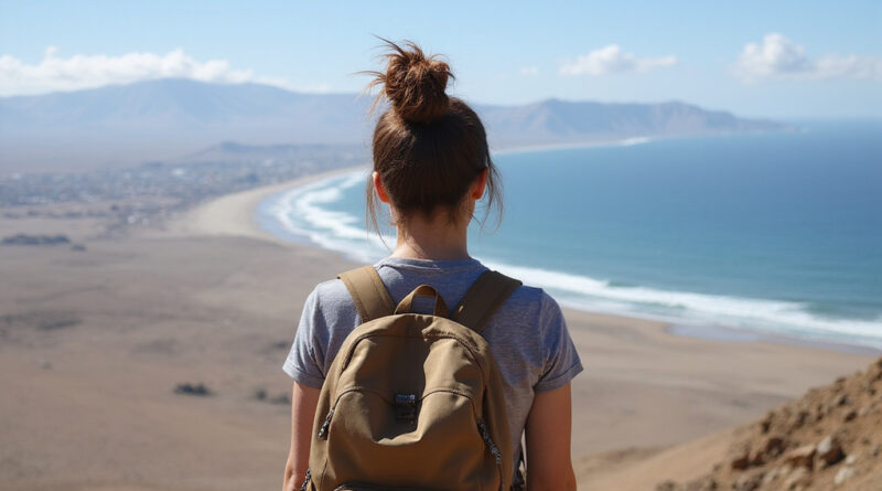 Backpacker observing breathtaking Antofagasta, Chile landscape where desert meets Pacific Ocean