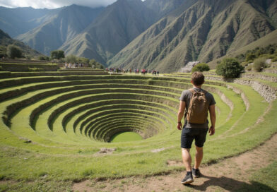 Backpacker exploring circular Inca ruins in Moray, Peru