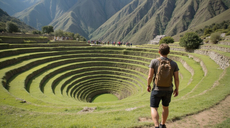 Backpacker exploring circular Inca ruins in Moray, Peru