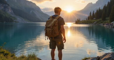 Backpacker admiring sunset at אטרקציות באגם לוסיאנו צ'ילה