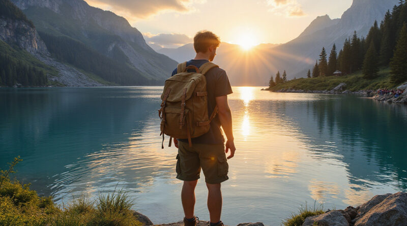 Backpacker admiring sunset at אטרקציות באגם לוסיאנו צ'ילה