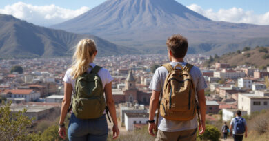 Young backpackers exploring אטרקציות בארקיפה פרו with vibrant cityscape backdrop