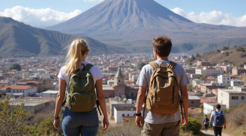 Young backpackers exploring אטרקציות בארקיפה פרו with vibrant cityscape backdrop