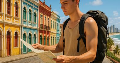 Young male backpacker exploring אטרקציות ברסיפה ברזיל