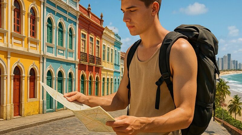 Young male backpacker exploring אטרקציות ברסיפה ברזיל