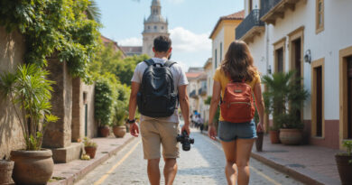 Young adult backpackers exploring attractions in Cartagena, Colombia