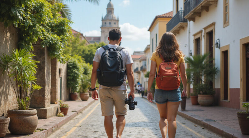 Young adult backpackers exploring attractions in Cartagena, Colombia