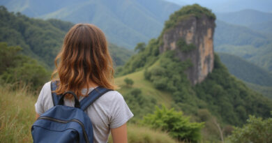 Backpacker exploring אטרקציות בגואטפה קולומביה with Guatape Rock view