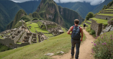 Backpacking young adult exploring ancient attractions in Cajamarca Peru