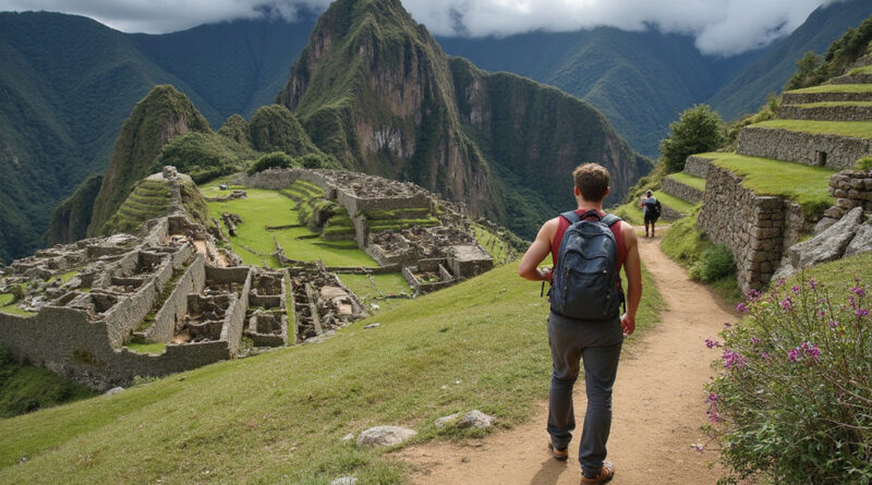Backpacking young adult exploring ancient attractions in Cajamarca Peru