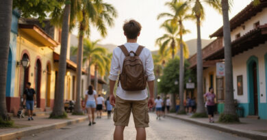 Backpacker admiring אטרקציות בקאלי קולומביה cityscape