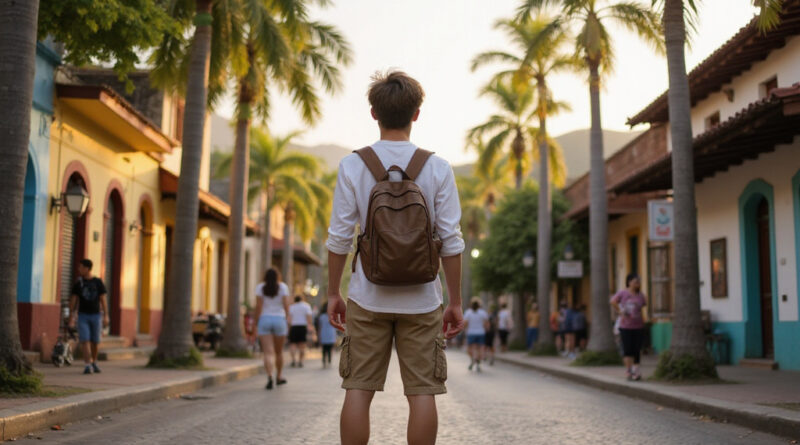 Backpacker admiring אטרקציות בקאלי קולומביה cityscape