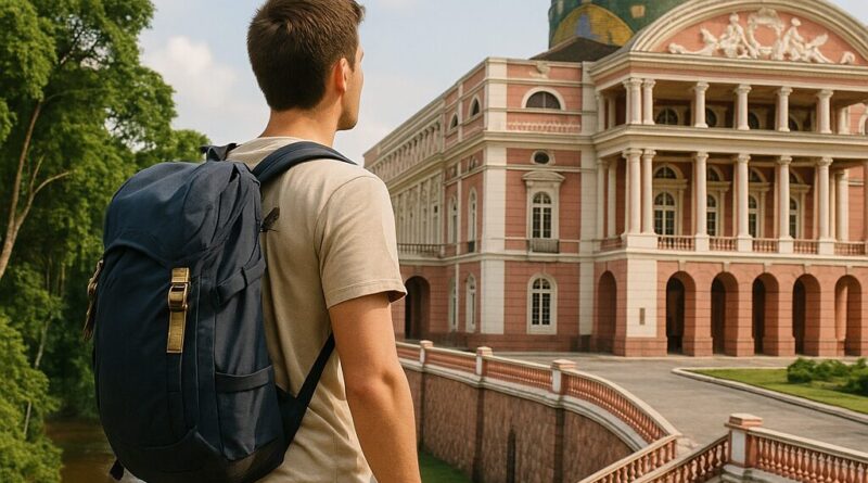 Backpacker exploring popular אטרקציות במנאוס ברזיל like Amazon rainforest or Opera House.