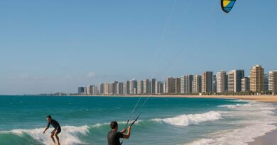 Surfing in Fortaleza, Brazil with international flight backdrop
