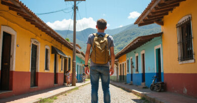 Backpacker exploring אטרקציות בסאלנטו קולומביה's colorful architecture and coffee plantations.