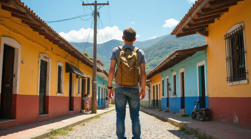 Backpacker exploring אטרקציות בסאלנטו קולומביה's colorful architecture and coffee plantations.