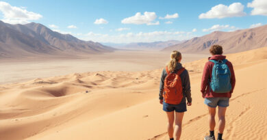 Backpackers exploring awe-inspiring אטרקציות בנאסקה פרו desert landscape