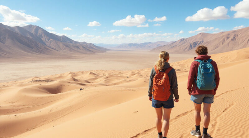 Backpackers exploring awe-inspiring אטרקציות בנאסקה פרו desert landscape