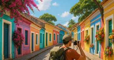 Backpacker capturing colorful אטרקציות באולינדה ברזיל cityscape