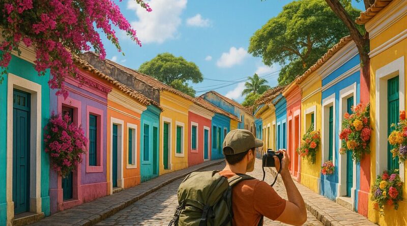 Backpacker capturing colorful אטרקציות באולינדה ברזיל cityscape