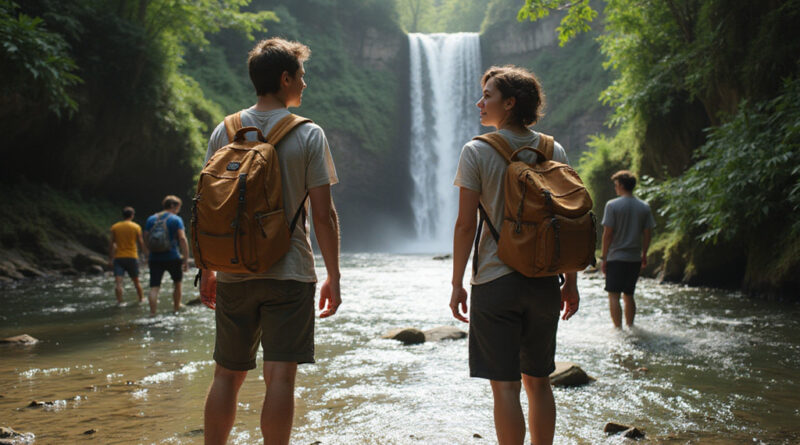 Backpackers exploring אטרקציות בפאלומינו קולומביה's rainforest
