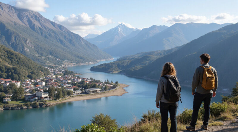 Young backpackers observing Porto Montt Chile attractions