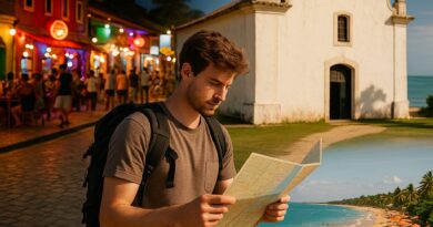 Backpacker exploring attractions in Porto Seguro, Brazil.