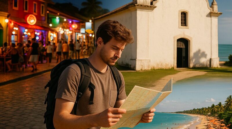 Backpacker exploring attractions in Porto Seguro, Brazil.