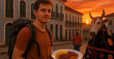 Backpacker exploring iconic אטרקציות בסאו לואיס ברזיל landmarks and cuisine