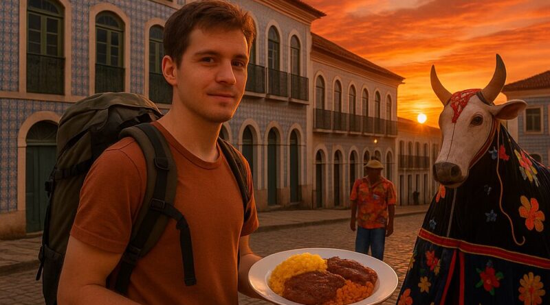 Backpacker exploring iconic אטרקציות בסאו לואיס ברזיל landmarks and cuisine