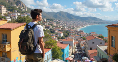 Young backpacker admiring vibrant Valparaiso, Chile, אטרקציות בויניה דל מאר צ'ילה.