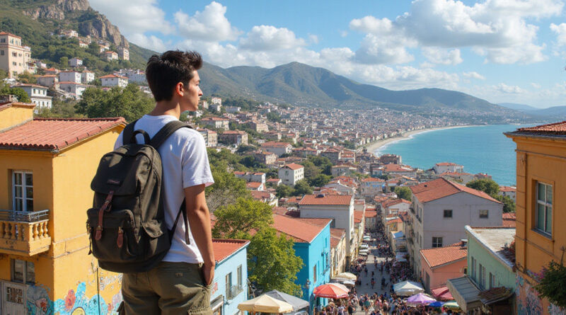 Young backpacker admiring vibrant Valparaiso, Chile, אטרקציות בויניה דל מאר צ'ילה.