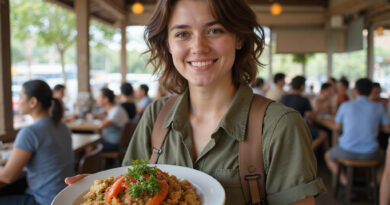 Backpacker enjoying food at a vibrant Belém Brazil restaurant