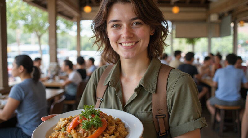 Backpacker enjoying food at a vibrant Belém Brazil restaurant