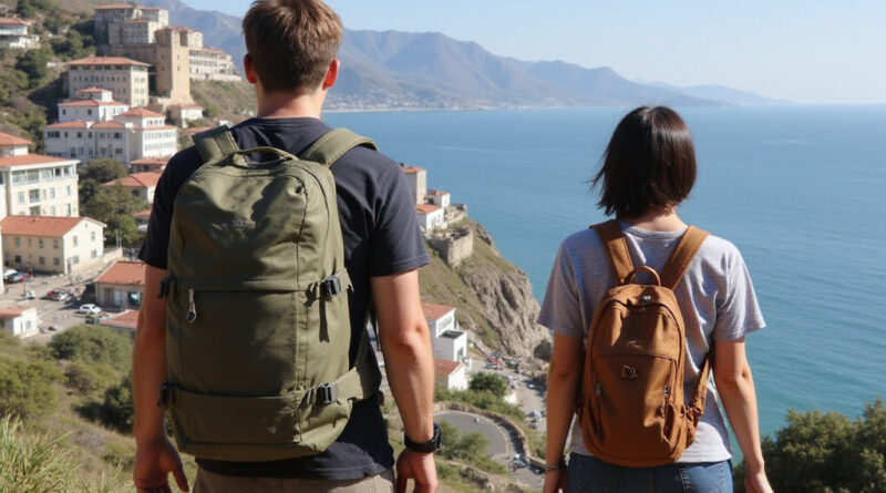 Backpackers trekking in vibrant Valparaiso, Chile