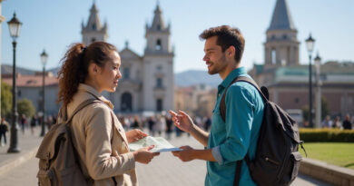 Young adult backpackers exploring Concepción Chile city landmarks