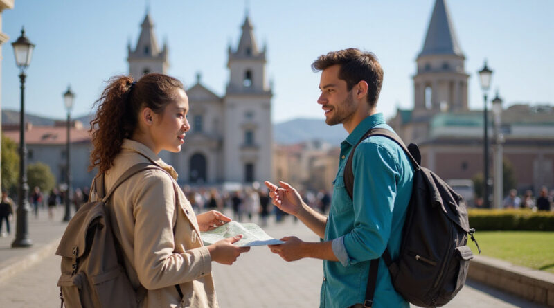 Young adult backpackers exploring Concepción Chile city landmarks