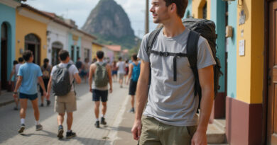 Young backpacker exploring recommended hostels in Guatape, Colombia