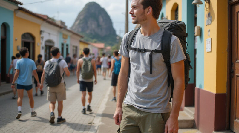 Young backpacker exploring recommended hostels in Guatape, Colombia