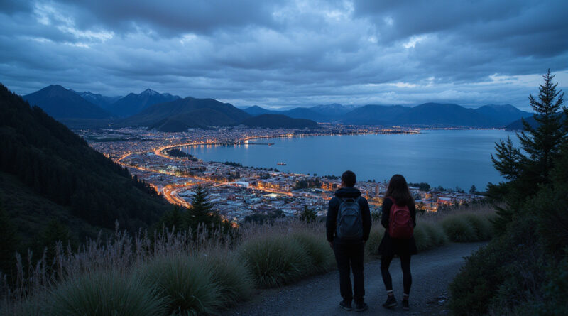 Backpackers viewing evening cityscape of Puerto Varas, Chile