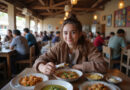 Young backpacker enjoying meal in bustling מסעדות בקוסקו פרו.