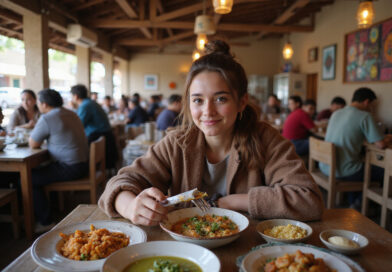 Young backpacker enjoying meal in bustling מסעדות בקוסקו פרו.