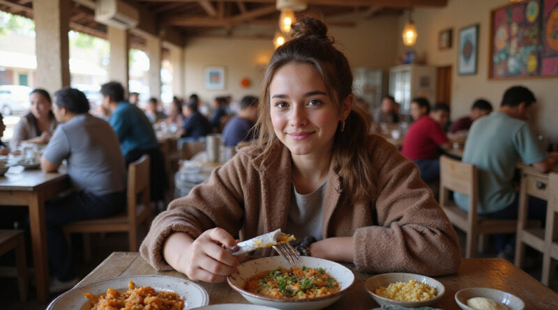 Young backpacker enjoying meal in bustling מסעדות בקוסקו פרו.
