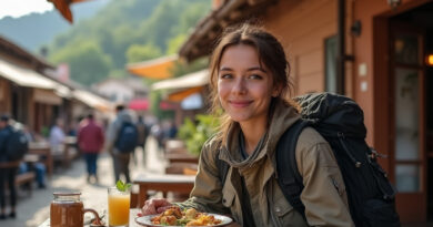Backpacker enjoying meal at rustic outdoor café in Coquimbo, Chile