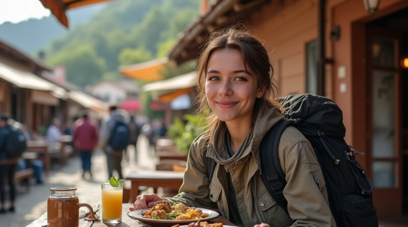 Backpacker enjoying meal at rustic outdoor café in Coquimbo, Chile