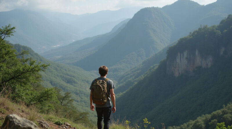 Backpacker admiring scenic Brazil trail