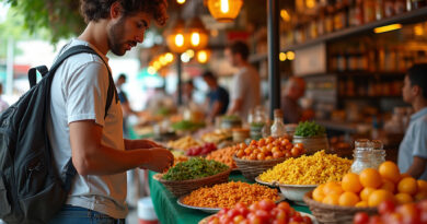 Backpacker enjoying vibrant food market in ברזיליה ברזיל