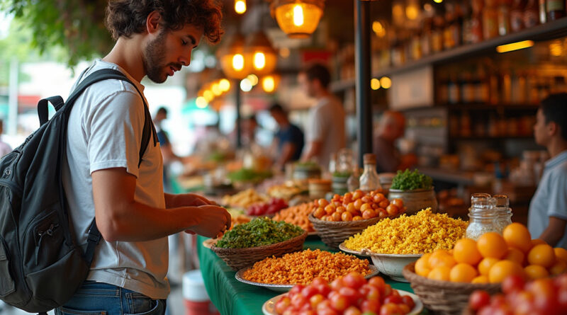 Backpacker enjoying vibrant food market in ברזיליה ברזיל