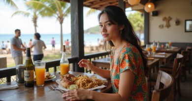 Young backpacker dining in authentic Brazilian restaurant in Buzios